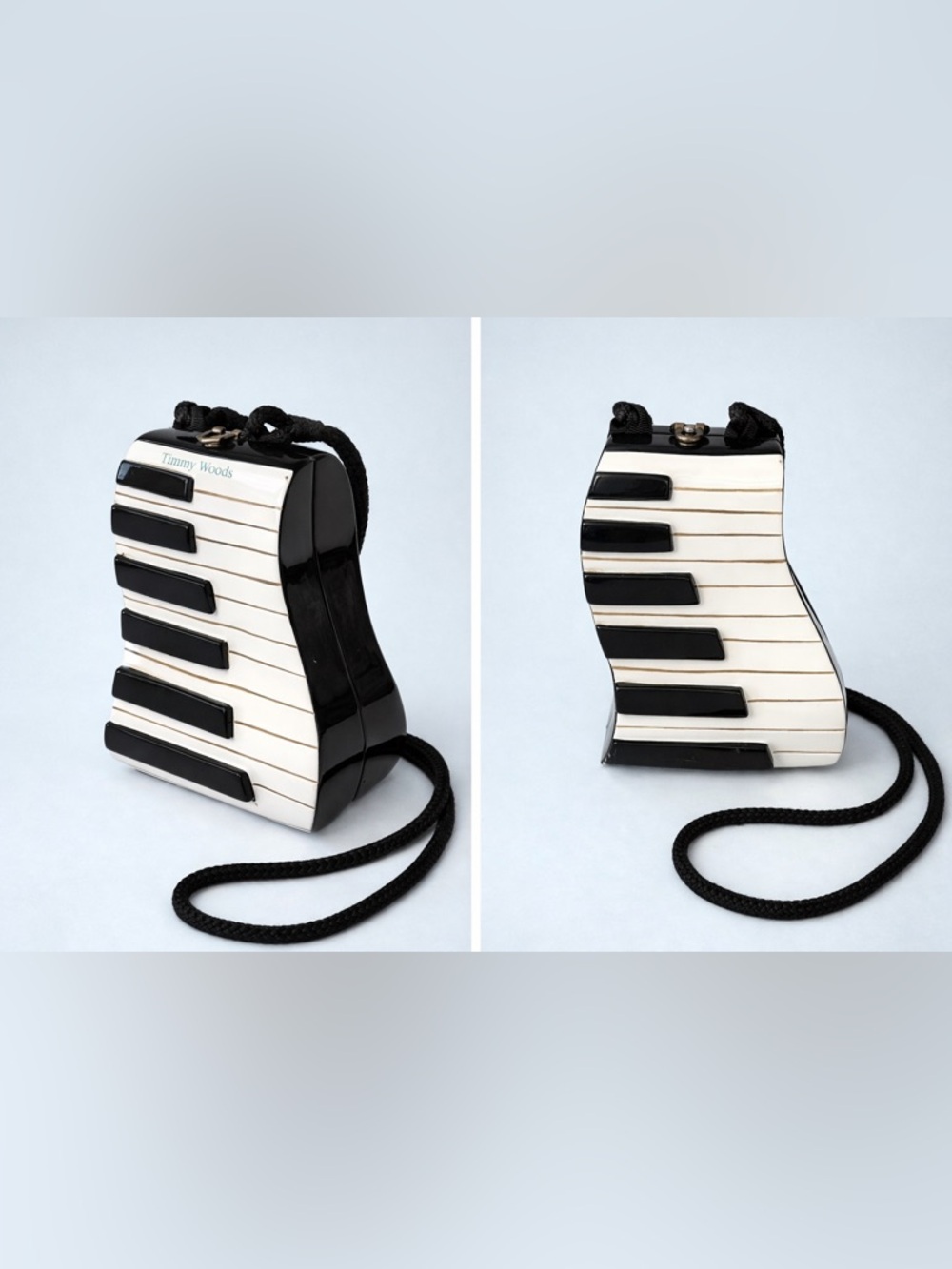 Vintage Timmy Woods piano acacia wood and lacquer handbag, crossbody collectible